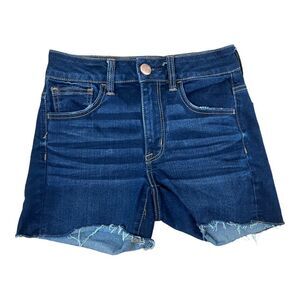 American Eagle Hi Rise Shortie Jean Shorts Sz 2 Dark Wash Cut Off Super Stretch